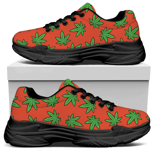 Hemp Leaf Pattern Print Black Chunky Shoes