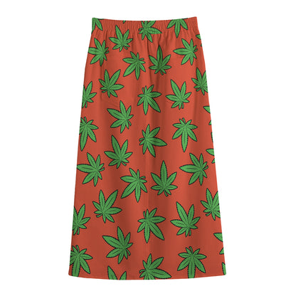 Hemp Leaf Pattern Print Cotton Front Slit Maxi Skirt