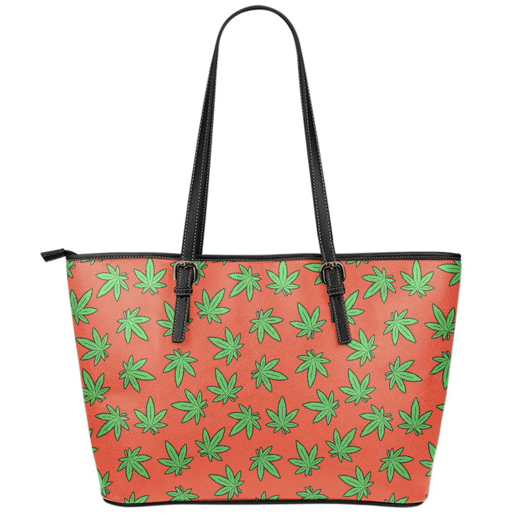 Hemp Leaf Pattern Print Leather Tote Bag