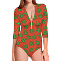 Hemp Leaf Pattern Print Long Sleeve Swimsuit
