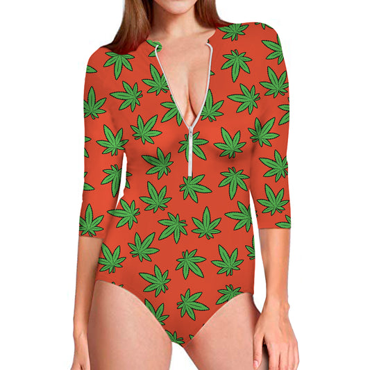 Hemp Leaf Pattern Print Long Sleeve Swimsuit