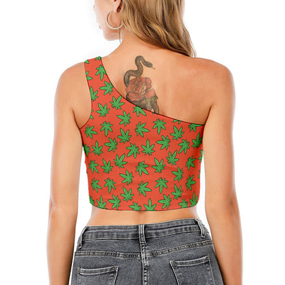 Hemp Leaf Pattern Print One Shoulder Crop Top