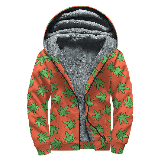 Hemp Leaf Pattern Print Sherpa Lined Zip Up Hoodie