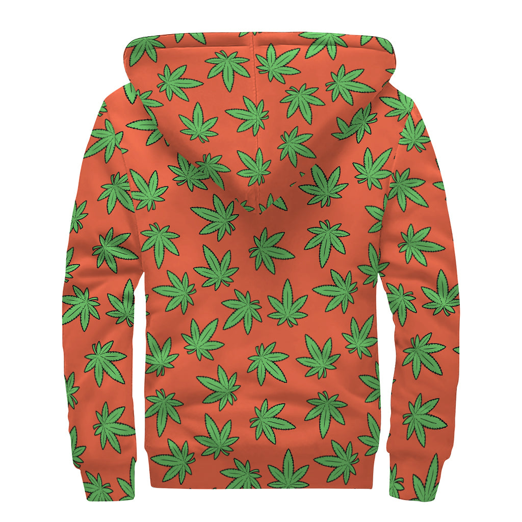 Hemp Leaf Pattern Print Sherpa Lined Zip Up Hoodie