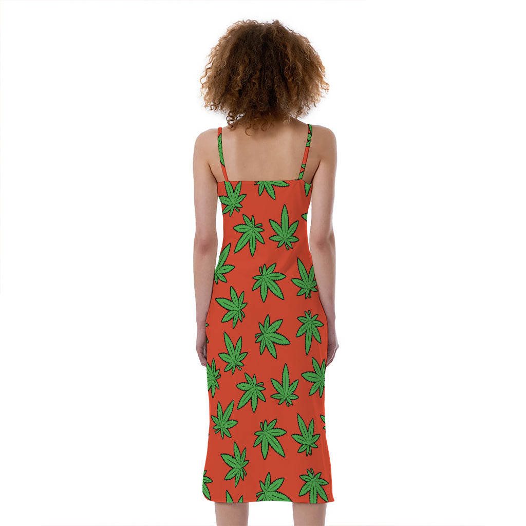 Hemp Leaf Pattern Print Slim Fit Midi Cami Dress