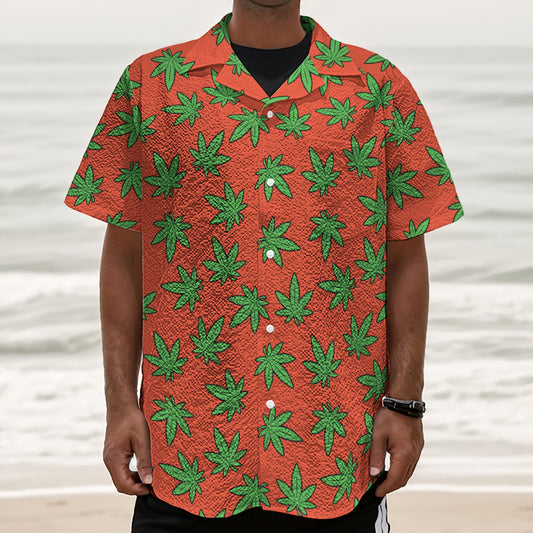 Hemp Leaf Pattern Print Textured Short Sleeve Shirt