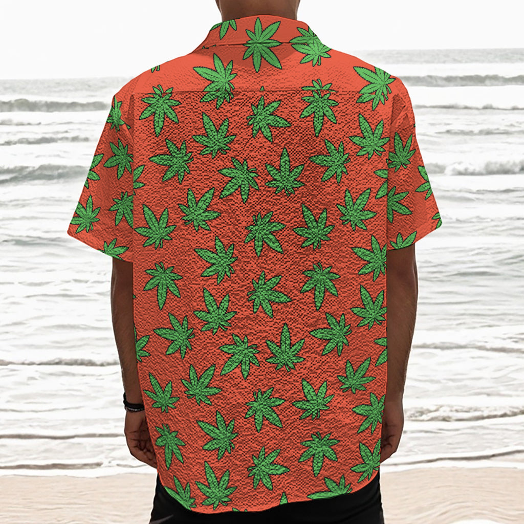 Hemp Leaf Pattern Print Textured Short Sleeve Shirt