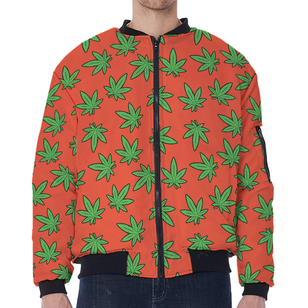 Hemp Leaf Pattern Print Zip Sleeve Bomber Jacket