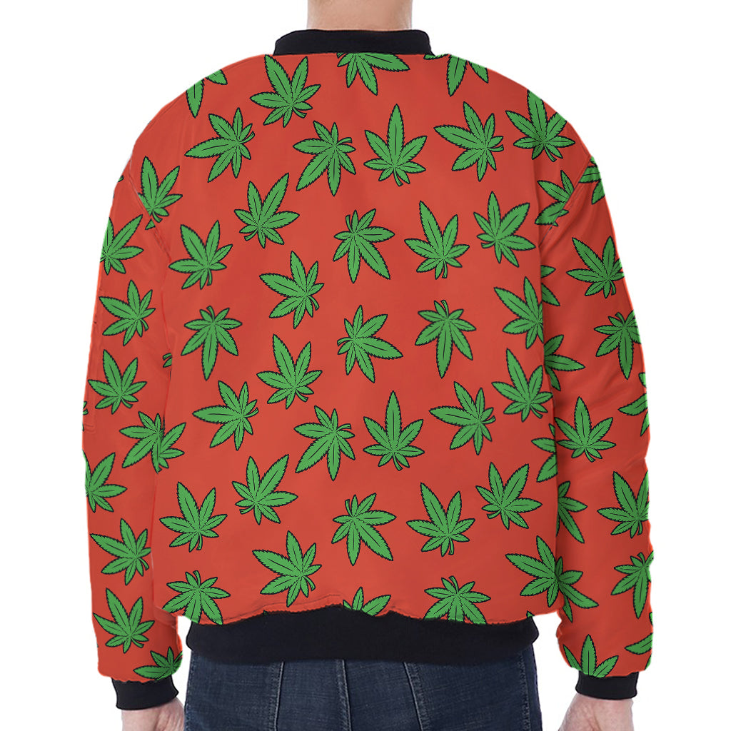 Hemp Leaf Pattern Print Zip Sleeve Bomber Jacket
