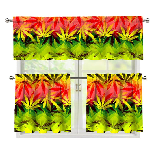 Hemp Leaf Reggae Pattern Print 3 Piece Kitchen Curtains
