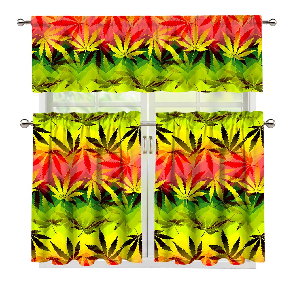 Hemp Leaf Reggae Pattern Print 3 Piece Kitchen Curtains