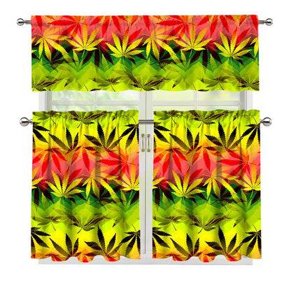 Hemp Leaf Reggae Pattern Print 3 Piece Kitchen Curtains
