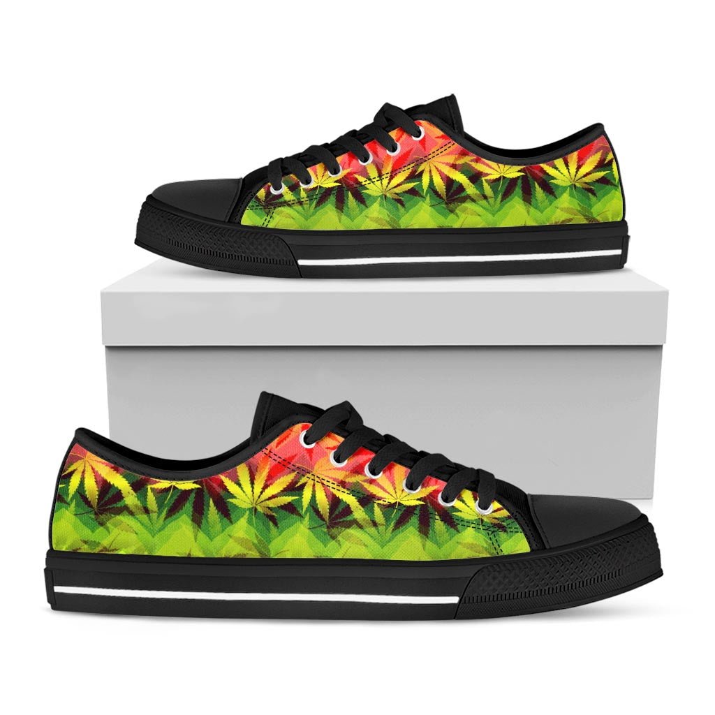 Hemp Leaf Reggae Pattern Print Black Low Top Sneakers