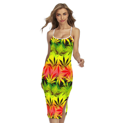 Hemp Leaf Reggae Pattern Print Cross Back Cami Dress