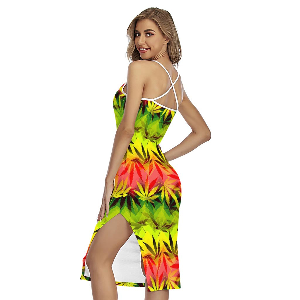 Hemp Leaf Reggae Pattern Print Cross Back Cami Dress