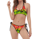 Hemp Leaf Reggae Pattern Print Halter Scoop Tie Side Bikini