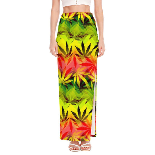 Hemp Leaf Reggae Pattern Print High Slit Maxi Skirt
