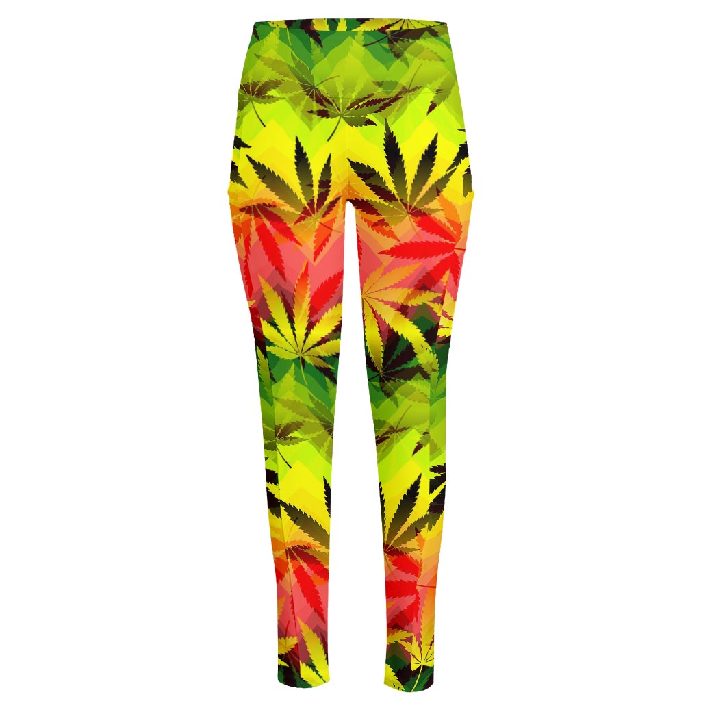 Hemp Leaf Reggae Pattern Print High-Waisted Pocket Leggings