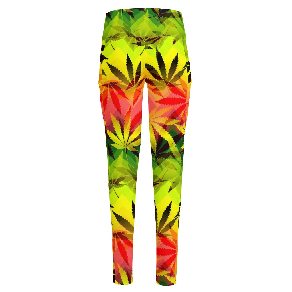 Hemp Leaf Reggae Pattern Print High-Waisted Pocket Leggings