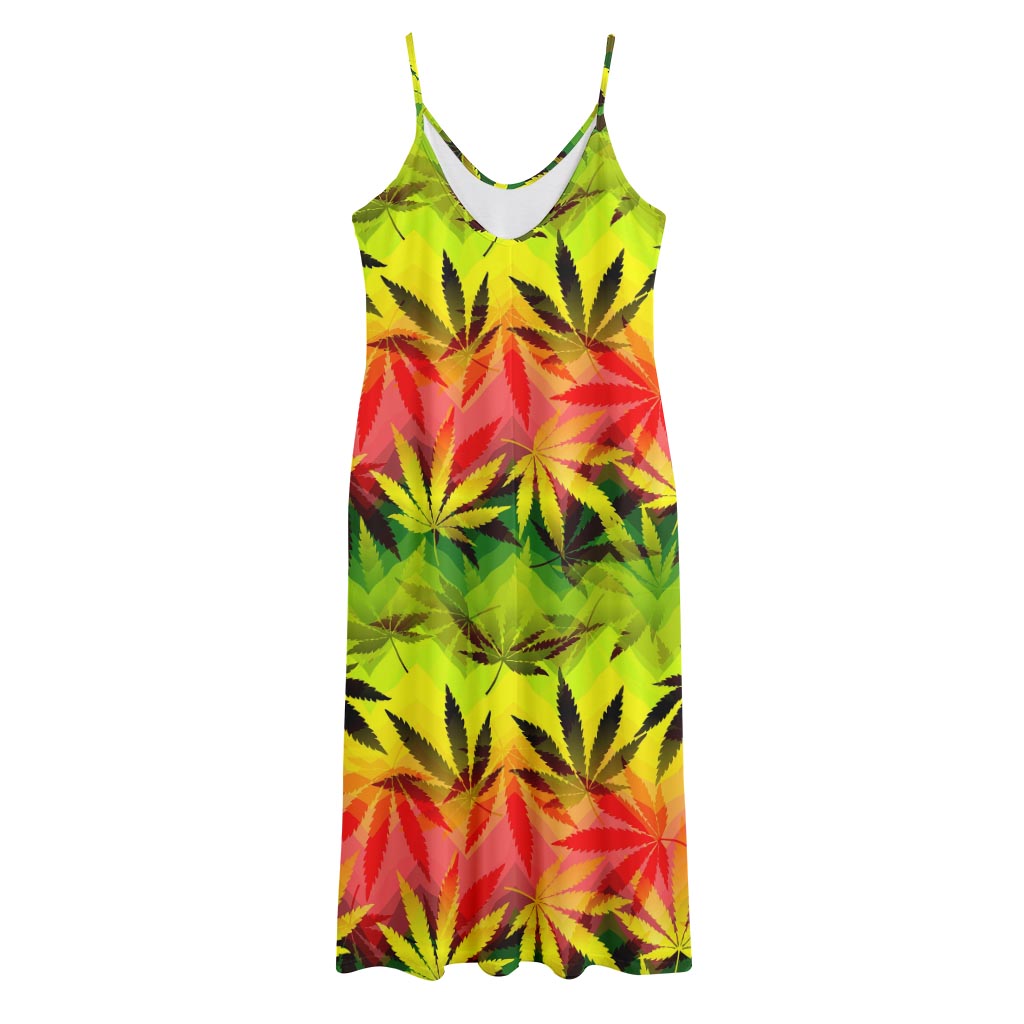 Hemp Leaf Reggae Pattern Print Jersey Midi Cami Dress