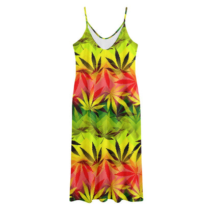 Hemp Leaf Reggae Pattern Print Jersey Midi Cami Dress