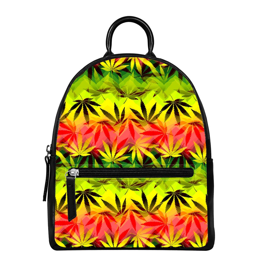 Hemp Leaf Reggae Pattern Print Leather Backpack