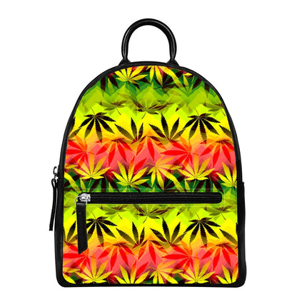 Hemp Leaf Reggae Pattern Print Leather Backpack