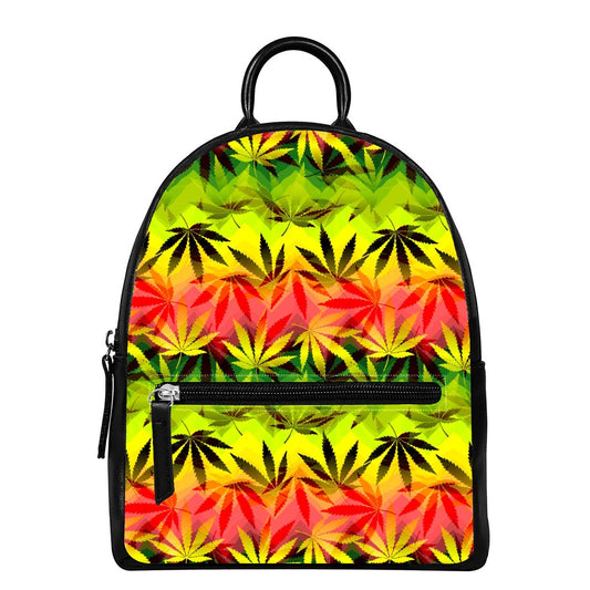 Hemp Leaf Reggae Pattern Print Leather Backpack