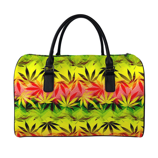 Hemp Leaf Reggae Pattern Print Leather Duffle Bag