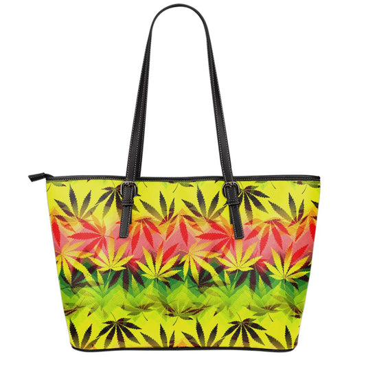 Hemp Leaf Reggae Pattern Print Leather Tote Bag