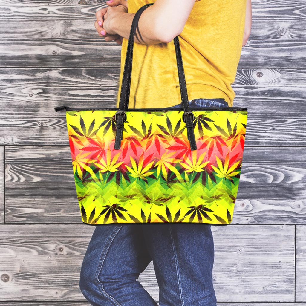 Hemp Leaf Reggae Pattern Print Leather Tote Bag