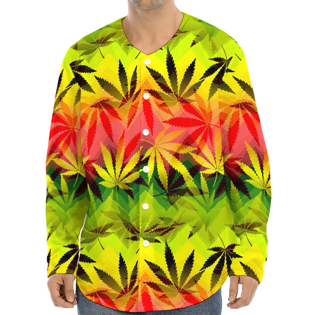 Hemp Leaf Reggae Pattern Print Long Sleeve Baseball Jersey