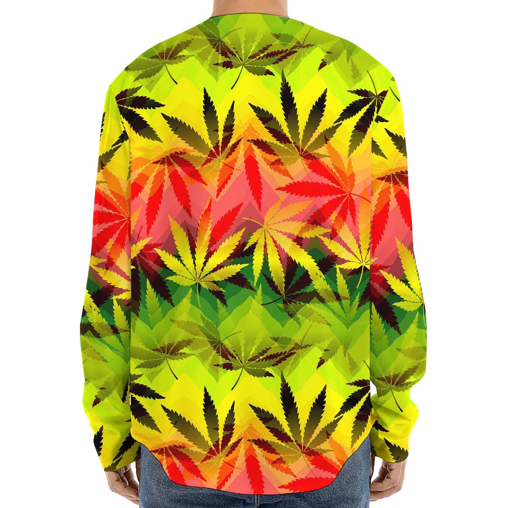 Hemp Leaf Reggae Pattern Print Long Sleeve Baseball Jersey