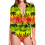 Hemp Leaf Reggae Pattern Print Long Sleeve Swimsuit