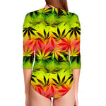 Hemp Leaf Reggae Pattern Print Long Sleeve Swimsuit