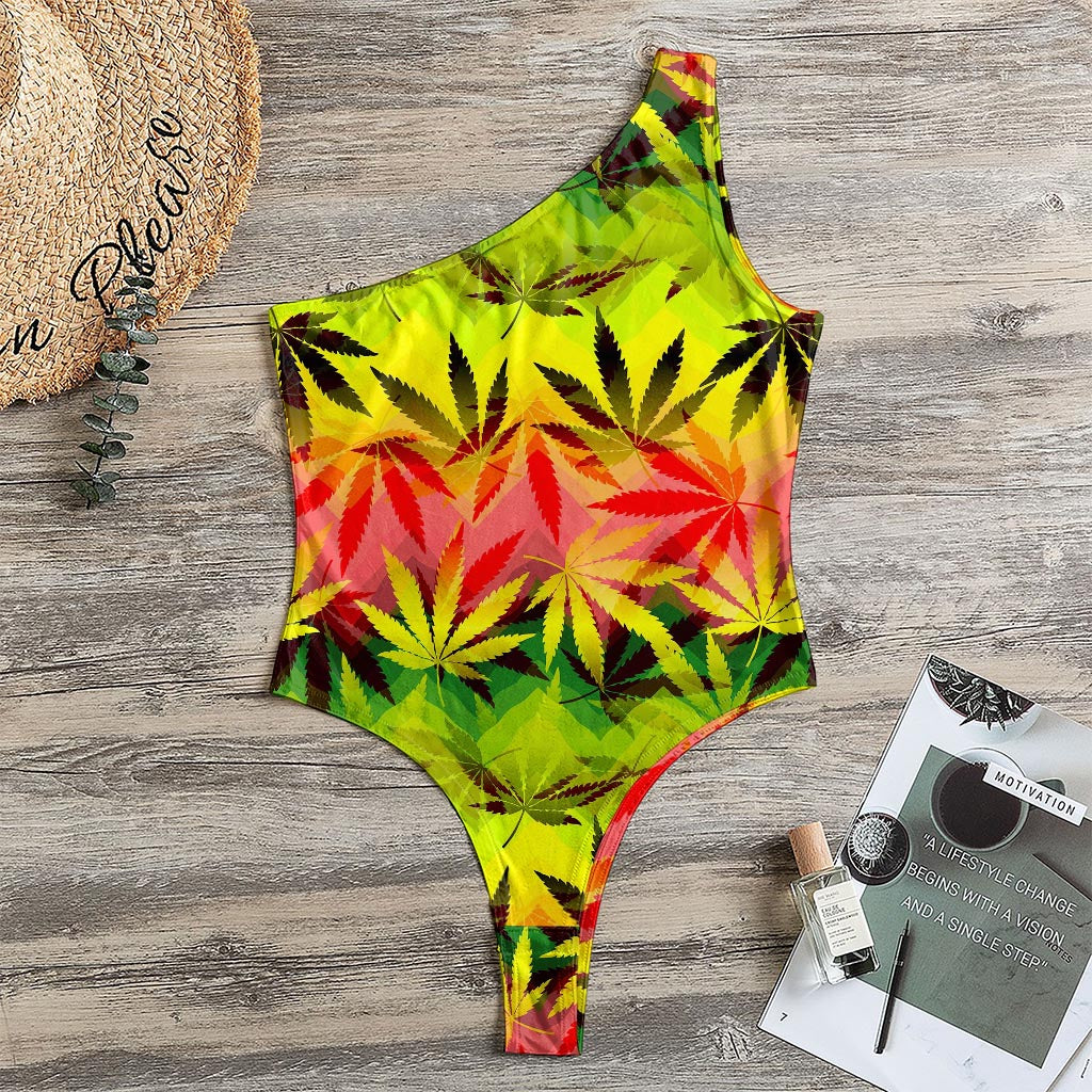 Hemp Leaf Reggae Pattern Print One Shoulder Bodysuit