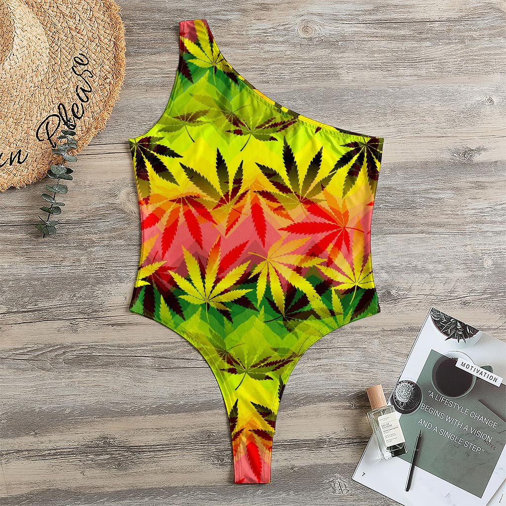 Hemp Leaf Reggae Pattern Print One Shoulder Bodysuit