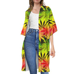 Hemp Leaf Reggae Pattern Print Open Front Beach Cover Up