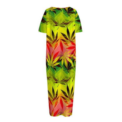 Hemp Leaf Reggae Pattern Print Short Sleeve Long Nightdress