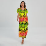 Hemp Leaf Reggae Pattern Print Short Sleeve Maxi Dress