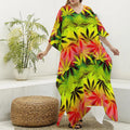 Hemp Leaf Reggae Pattern Print Silk V-Neck Kaftan Dress