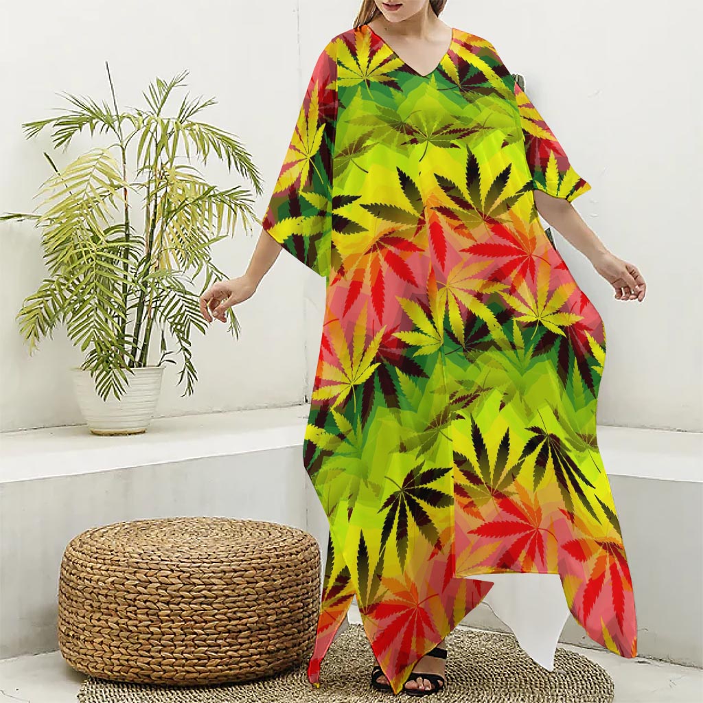 Hemp Leaf Reggae Pattern Print Silk V-Neck Kaftan Dress