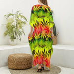Hemp Leaf Reggae Pattern Print Silk V-Neck Kaftan Dress