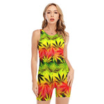 Hemp Leaf Reggae Pattern Print Sleeveless One Piece Swimsuit