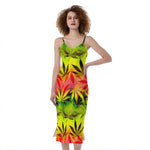 Hemp Leaf Reggae Pattern Print Slim Fit Midi Cami Dress