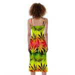 Hemp Leaf Reggae Pattern Print Slim Fit Midi Cami Dress