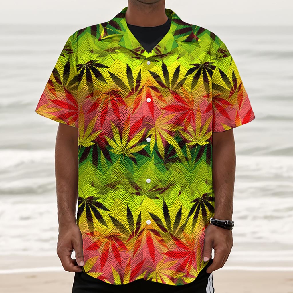 Hemp Leaf Reggae Pattern Print Textured Short Sleeve Shirt