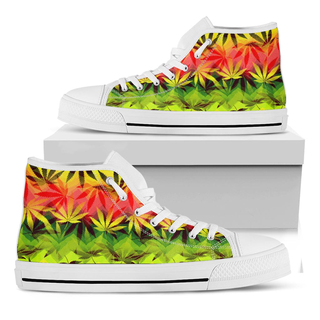 Hemp Leaf Reggae Pattern Print White High Top Sneakers