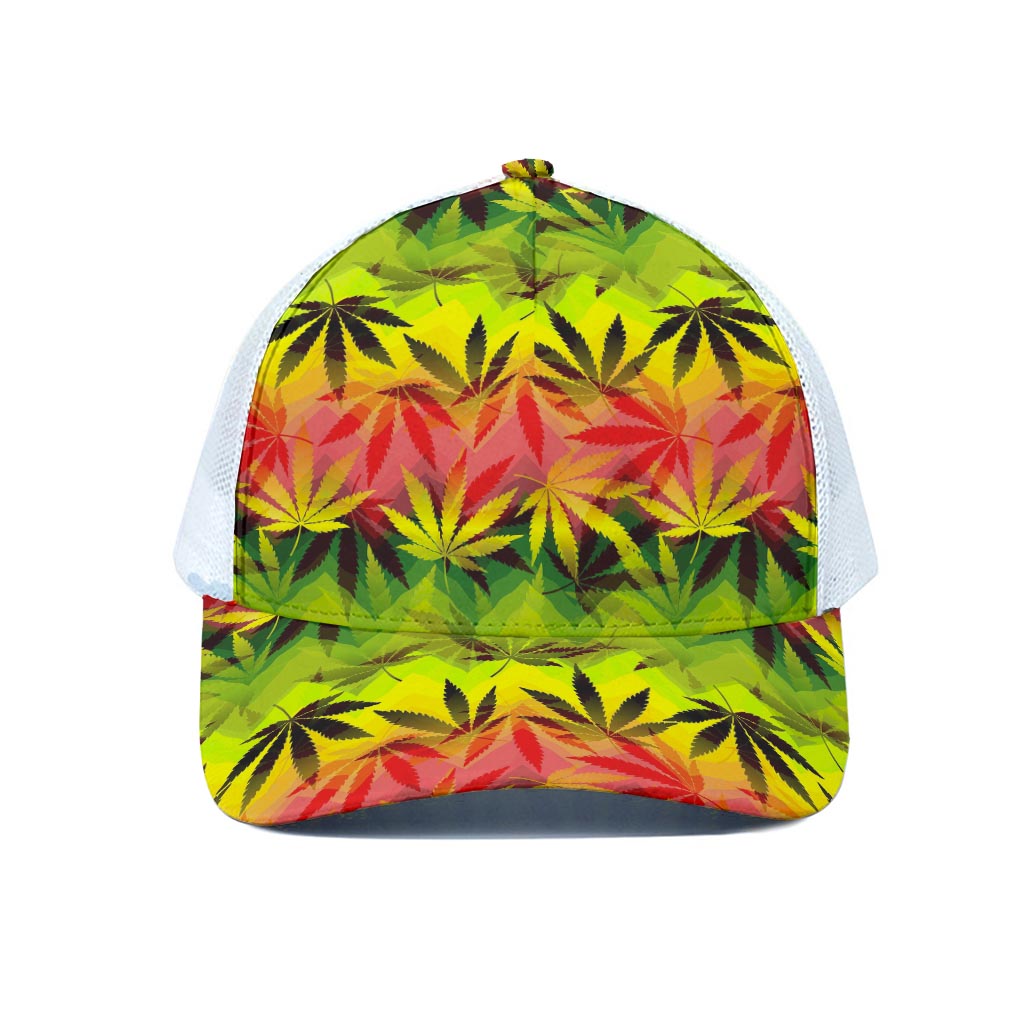 Hemp Leaf Reggae Pattern Print White Mesh Trucker Cap