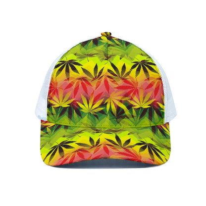Hemp Leaf Reggae Pattern Print White Mesh Trucker Cap